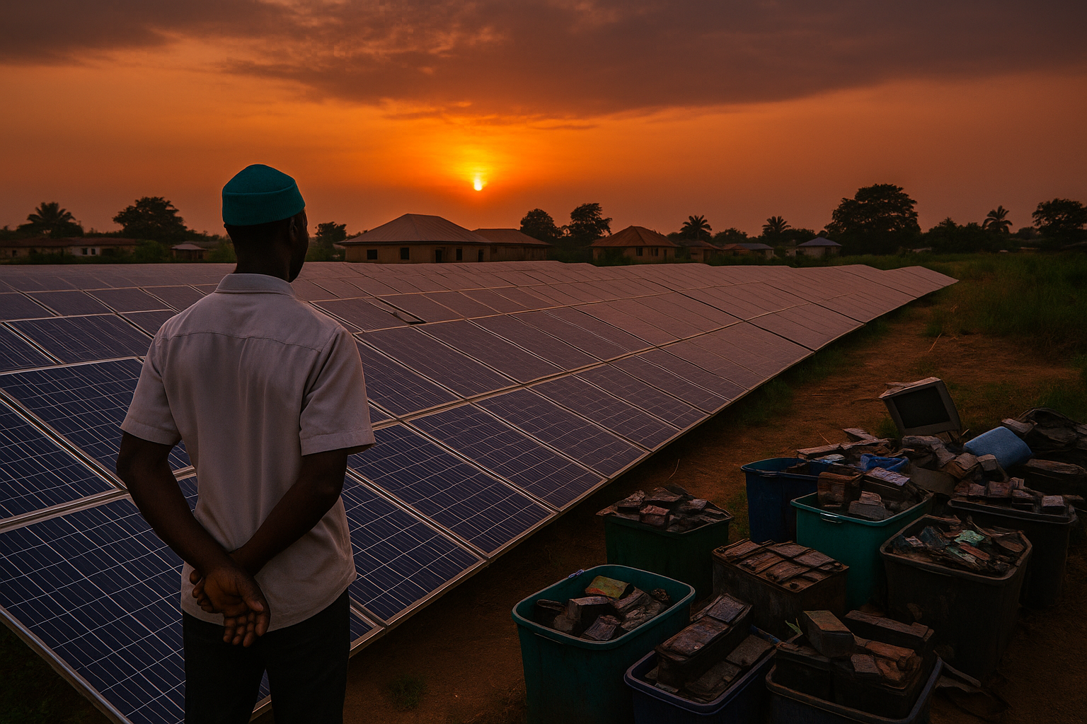 Man observing solar panels with discarded batteries in Nigeria at sunset