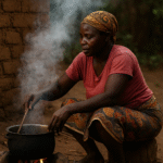 African woman cooking on a traditional three-stone fire with smoke rising, representing energy poverty and the need for clean cooking solutions in rural Africa.