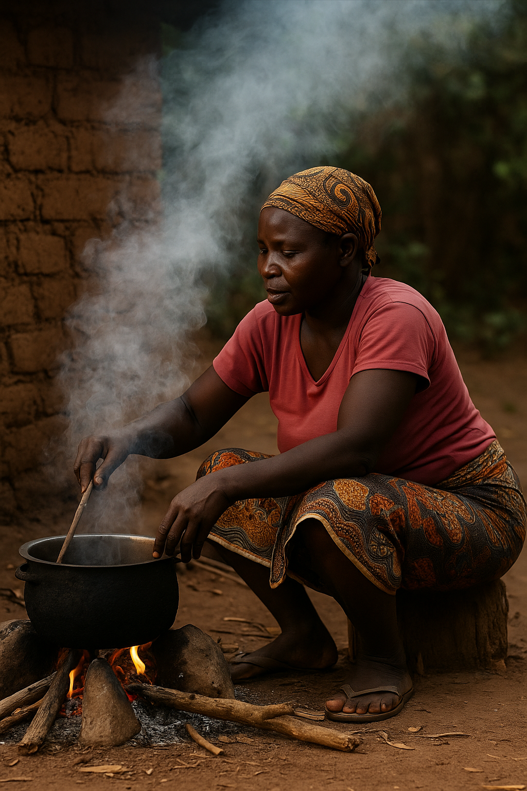 African woman cooking on a traditional three-stone fire with smoke rising, representing energy poverty and the need for clean cooking solutions in rural Africa.