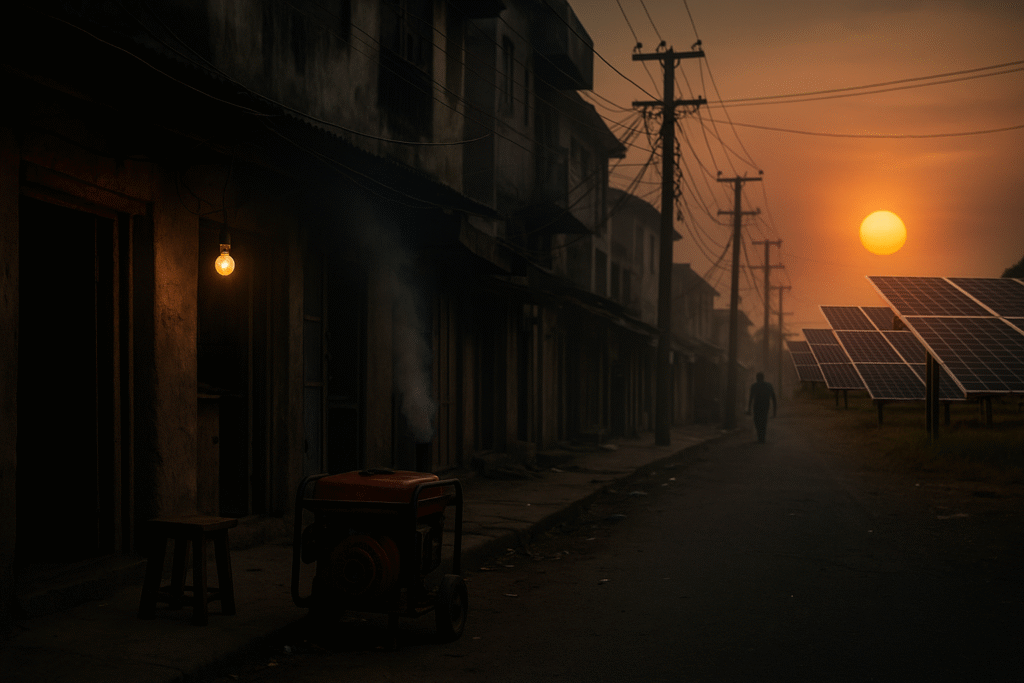 African city with diesel generator and flickering lightbulb in foreground, solar panels and sunrise in background — symbolising outdated zombie energy systems blocking renewable transition.