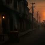 African city with diesel generator and flickering lightbulb in foreground, solar panels and sunrise in background — symbolising outdated zombie energy systems blocking renewable transition.