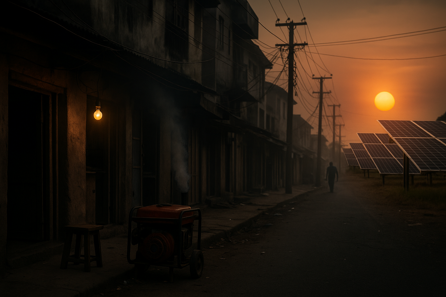 African city with diesel generator and flickering lightbulb in foreground, solar panels and sunrise in background — symbolising outdated zombie energy systems blocking renewable transition.