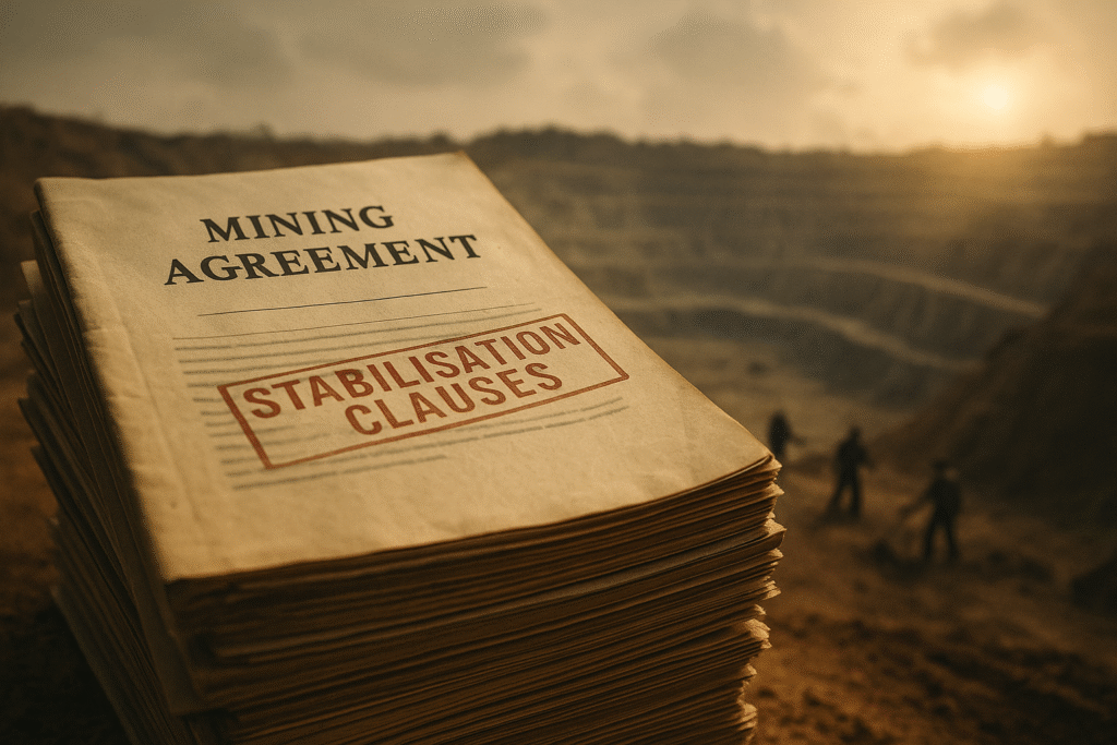 Old mining contracts stacked in front of an African mine site, symbolising rigid agreements that limit Africa’s resource governance and just transition.