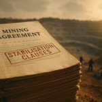 Old mining contracts stacked in front of an African mine site, symbolising rigid agreements that limit Africa’s resource governance and just transition.