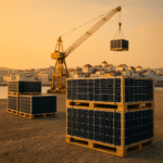 Stacked solar panels in wooden crates on Tangier dockside, crane lifting pallet toward city rooftops at golden hour, symbolising Africa Chinese solar panel imports and dependency.