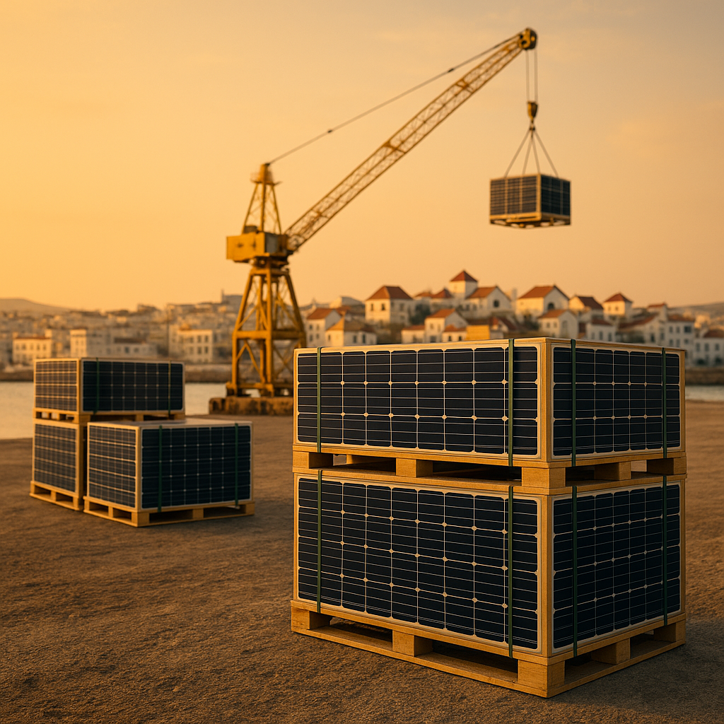 Stacked solar panels in wooden crates on Tangier dockside, crane lifting pallet toward city rooftops at golden hour, symbolising Africa Chinese solar panel imports and dependency.