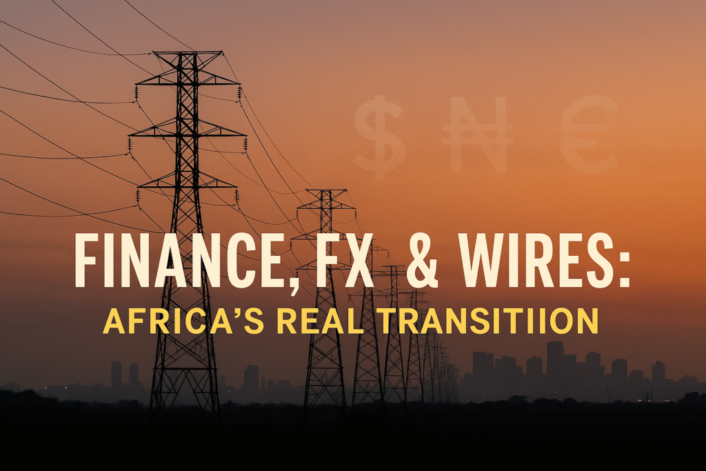 African transmission lines at dusk with finance and currency motifs, symbolising finance, FX risk and grid investment for fossil fuel phase-out.