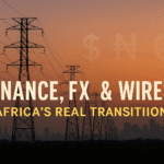 African transmission lines at dusk with finance and currency motifs, symbolising finance, FX risk and grid investment for fossil fuel phase-out.