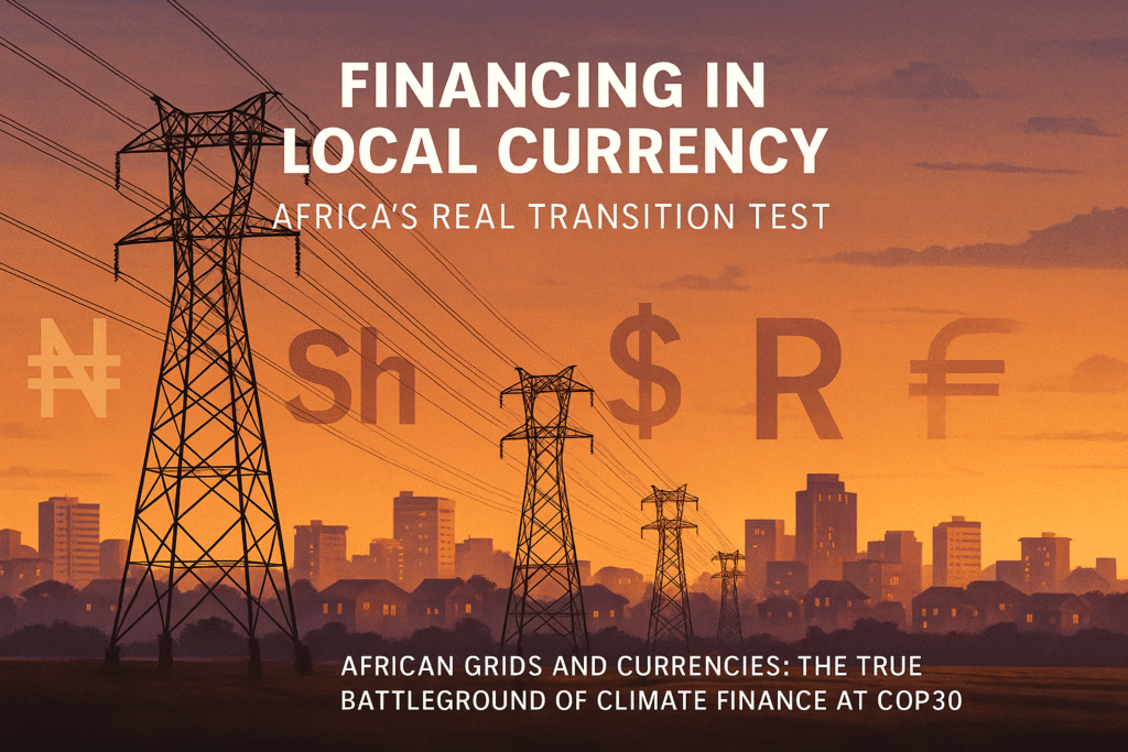 African power lines at dusk with overlaid currency symbols, representing local-currency climate finance as a COP30 demand.