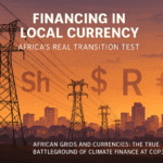 African power lines at dusk with overlaid currency symbols, representing local-currency climate finance as a COP30 demand.