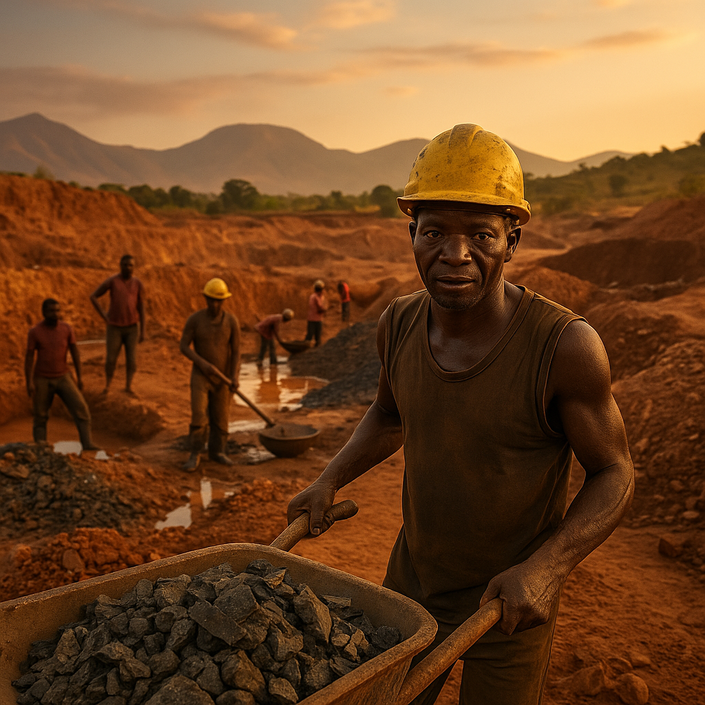 Artisanal miner at a cobalt pit in Kolwezi, DRC, with overlay of global energy symbols like EVs and batteries—illustrating Africa’s vital role in powering the clean energy transition.