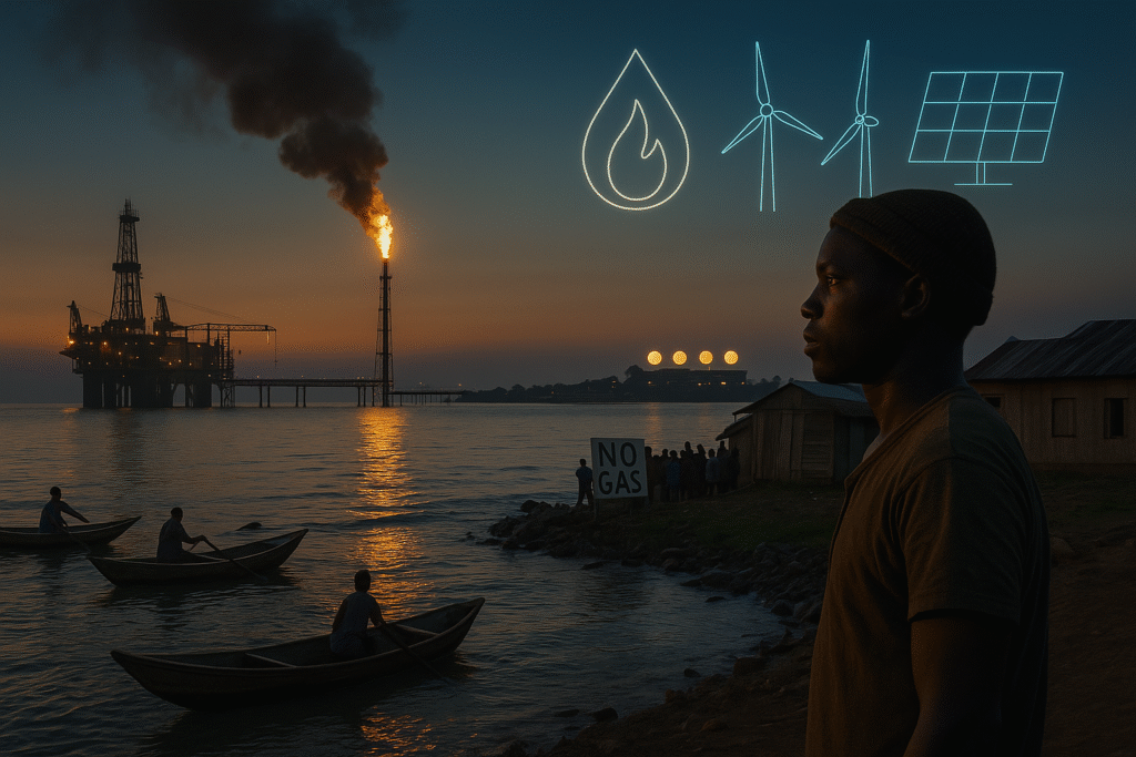 An African coastal community with gas infrastructure and local fishers in view