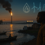An African coastal community with gas infrastructure and local fishers in view
