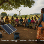 African woman leading a village energy meeting with solar panels, wind turbine, and clean cookstove nearby.