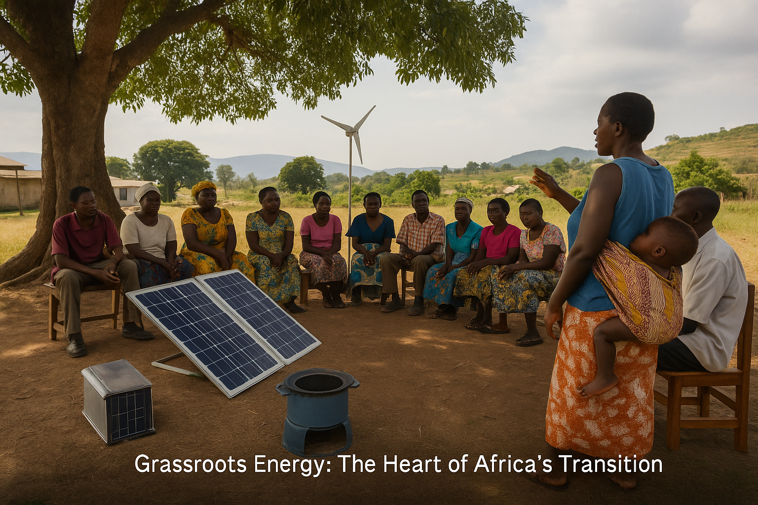African woman leading a village energy meeting with solar panels, wind turbine, and clean cookstove nearby.