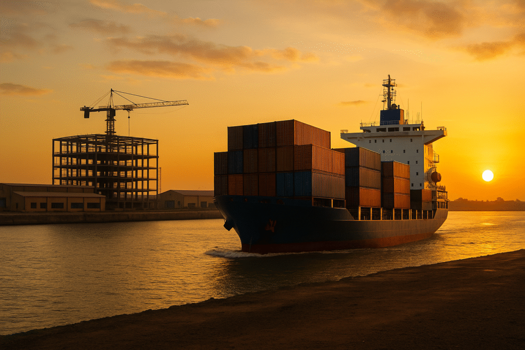 Cargo ship leaving African port with export containers, unfinished factory in background at golden hour, symbolising Africa’s critical minerals export vs industrialisation challenge.