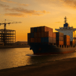 Cargo ship leaving African port with export containers, unfinished factory in background at golden hour, symbolising Africa’s critical minerals export vs industrialisation challenge.