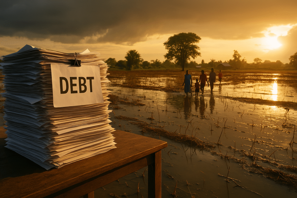 Stack of debt paperwork with African farmland split between drought and flood, symbolising climate finance challenges.