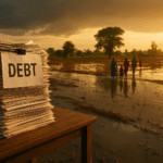 Stack of debt paperwork with African farmland split between drought and flood, symbolising climate finance challenges.