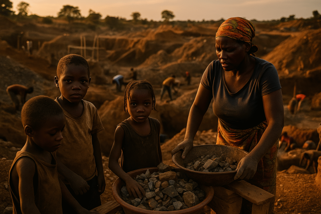 African woman and children working in artisanal mining with clean energy infrastructure in the background.