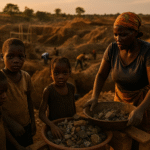 African woman and children working in artisanal mining with clean energy infrastructure in the background.