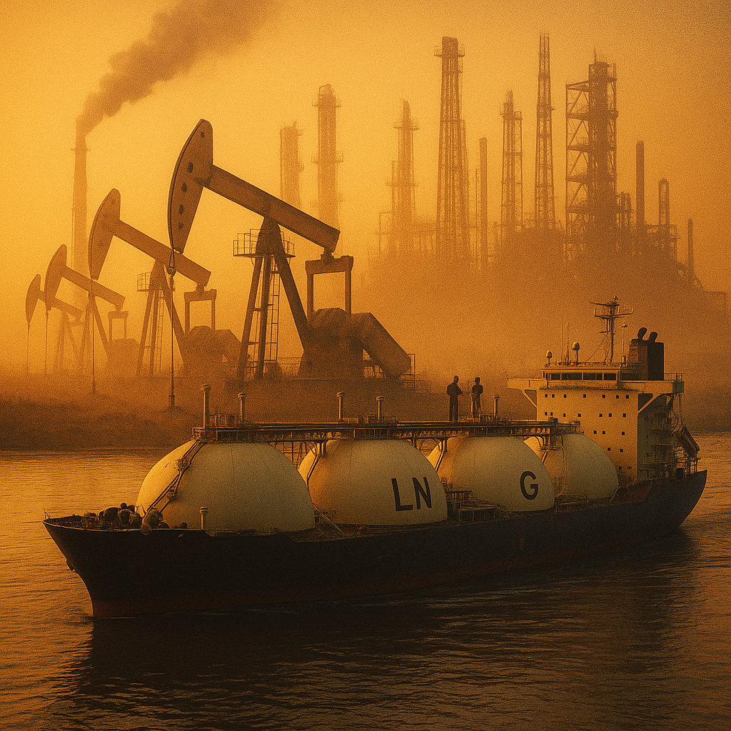 LNG ship sails past oil rigs at sunset, symbolising Africa’s fossil fuel risks amid global gas diplomacy.