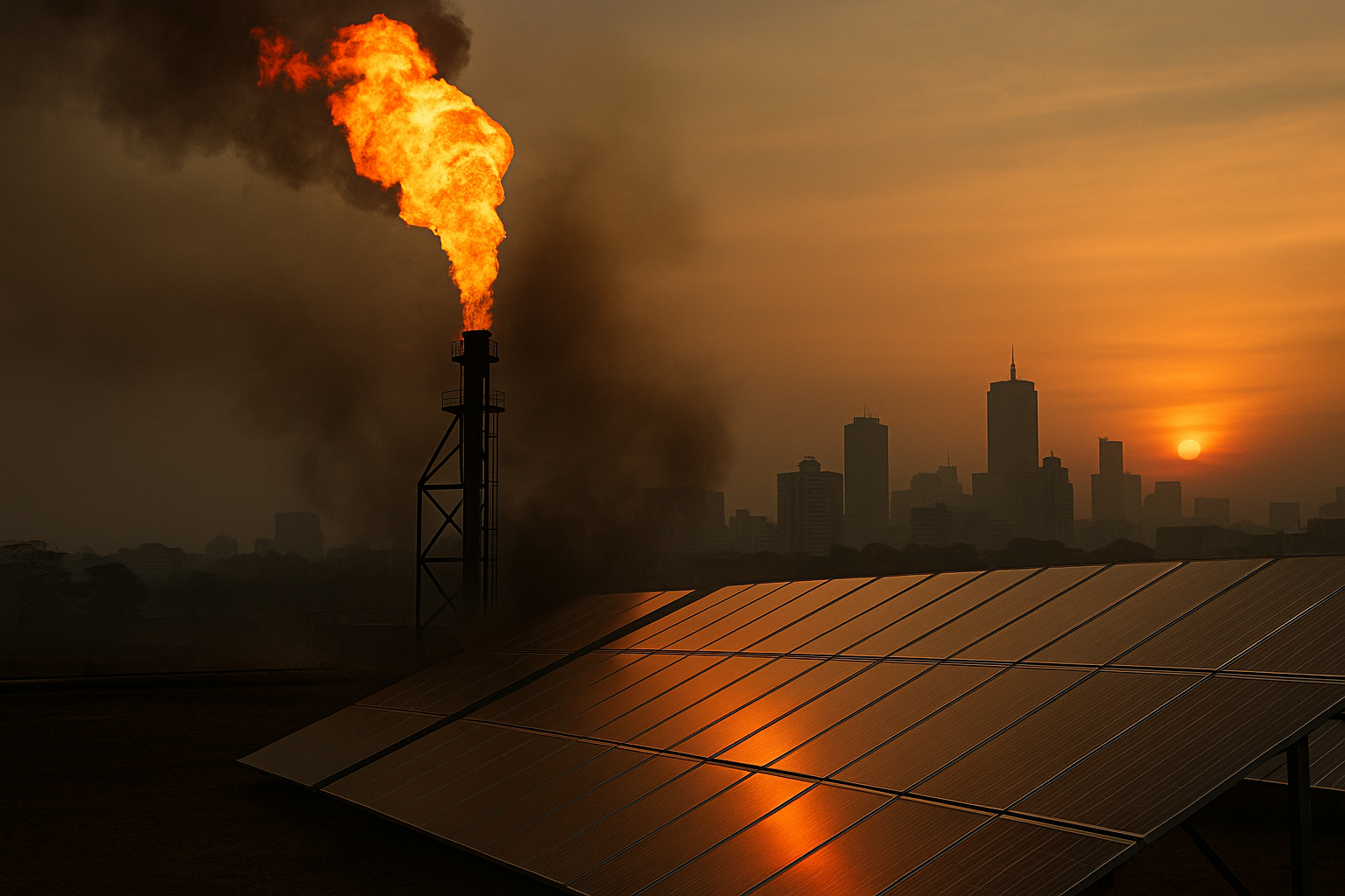 Gas flare and solar panels against a Nigerian city skyline at golden hour, representing Nigeria’s energy transition gamble.