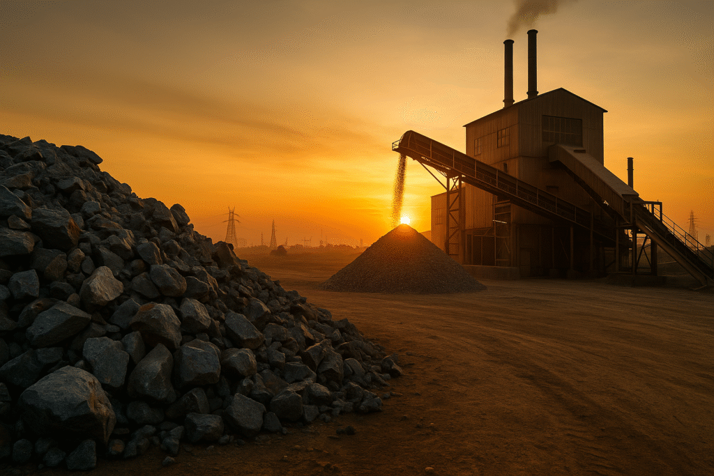 Raw mineral ore and industrial facility under golden sunset, representing Africa’s critical minerals value chain choices.