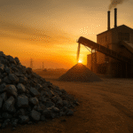 Raw mineral ore and industrial facility under golden sunset, representing Africa’s critical minerals value chain choices.