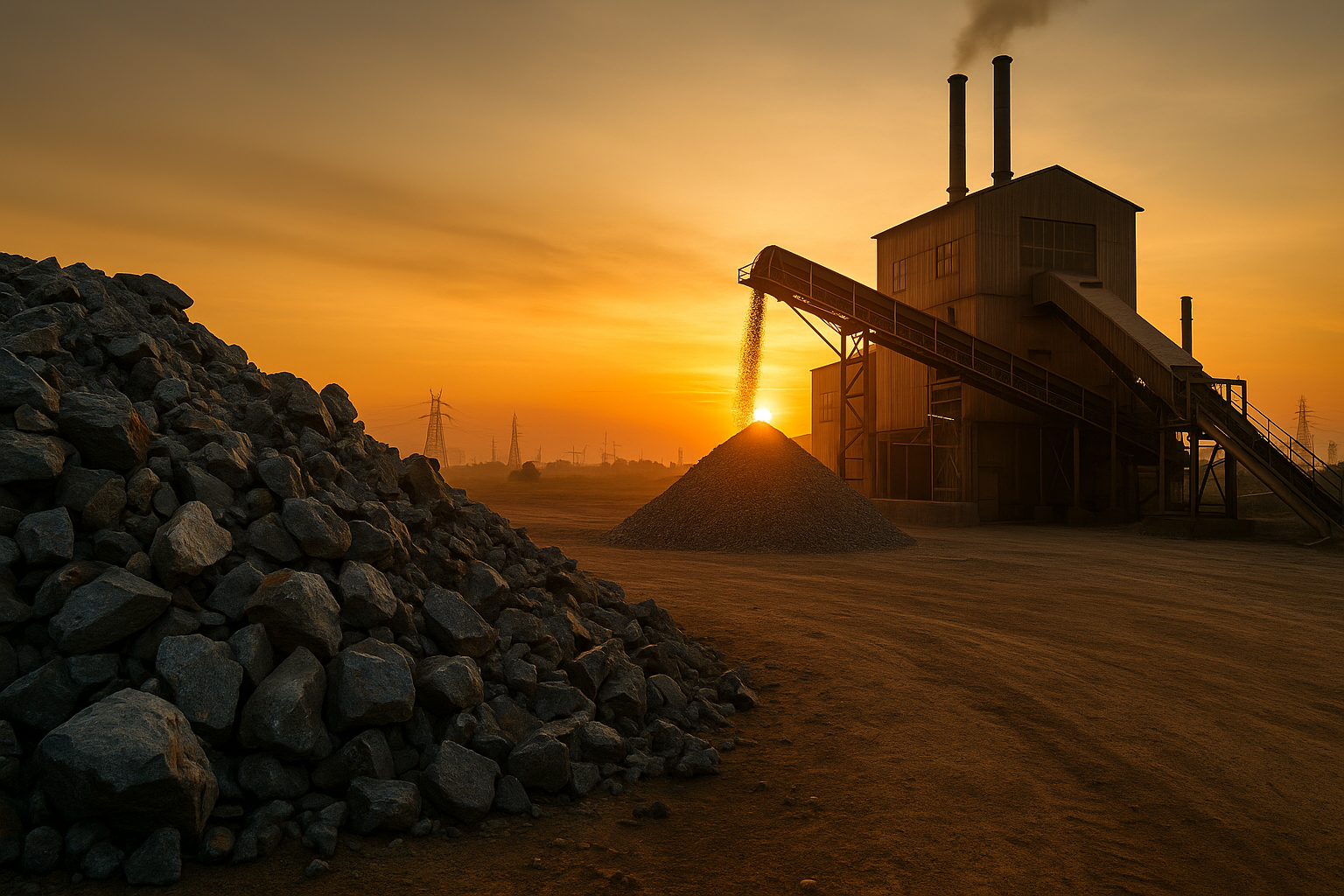Raw mineral ore and industrial facility under golden sunset, representing Africa’s critical minerals value chain choices.