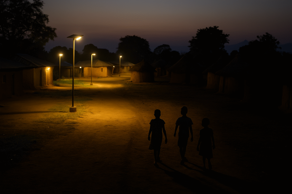 African village at dusk, half illuminated by solar lamps and half in darkness, children walking toward light, symbolising just energy transition.