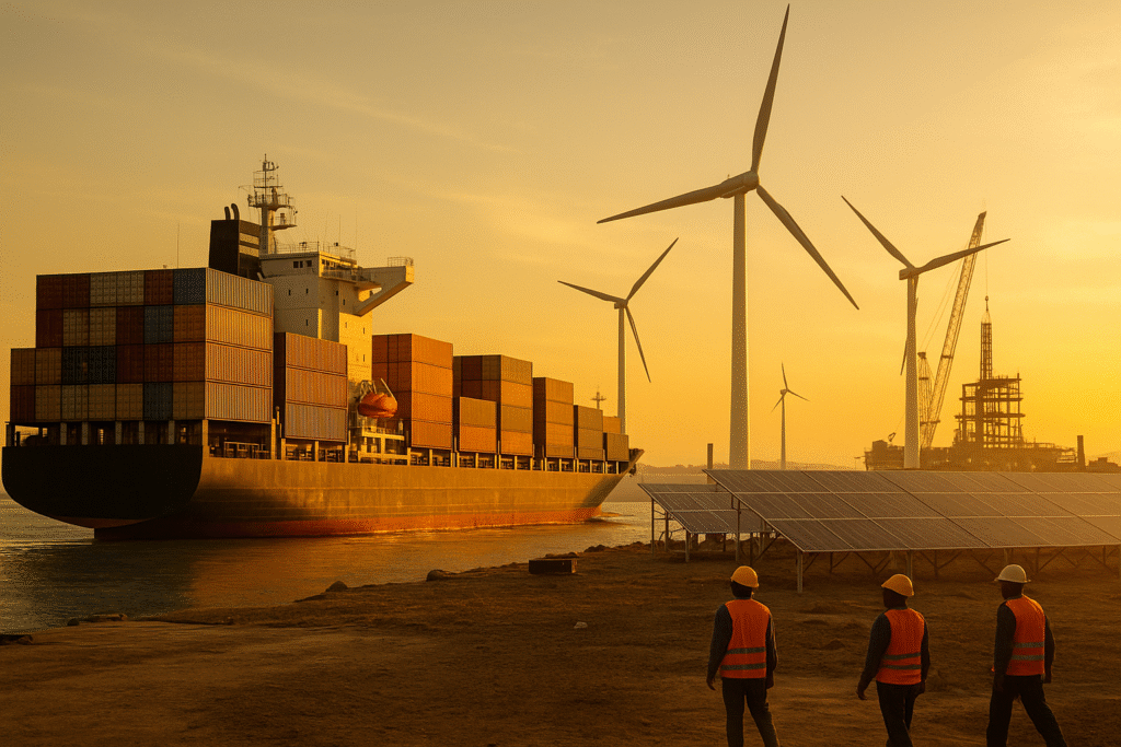 Cargo ship with containers in foreground, solar panels and wind turbines under construction in background, symbolising Africa’s energy transition.