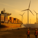 Cargo ship with containers in foreground, solar panels and wind turbines under construction in background, symbolising Africa’s energy transition.