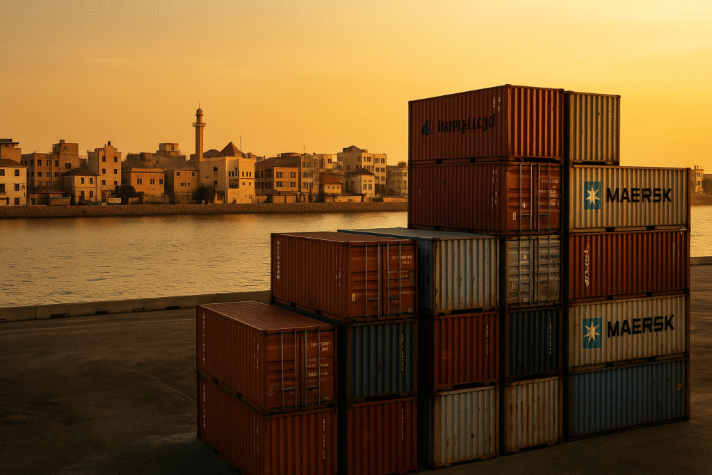 Shipping containers stacked at sunset, symbolising Africa’s debt-heavy climate finance system.