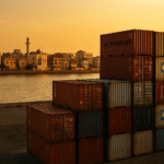 Shipping containers stacked at sunset, symbolising Africa’s debt-heavy climate finance system.