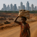 A young African boy carrying a heavy sack of minerals near a mining site, symbolising the human and ethical costs of the global clean energy transition.