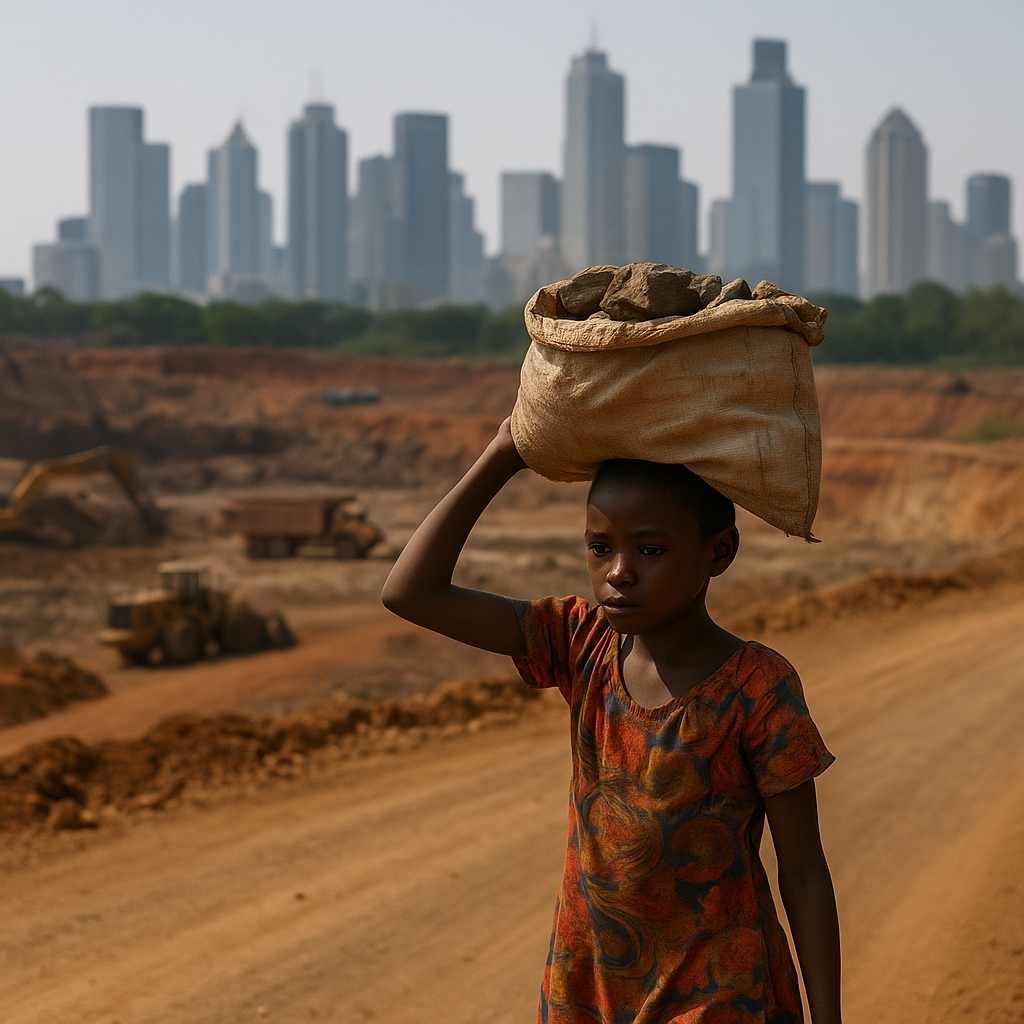A young African boy carrying a heavy sack of minerals near a mining site, symbolising the human and ethical costs of the global clean energy transition.