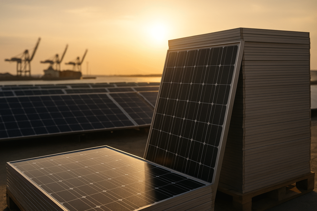 Stacks of solar panels at a West African port under golden sunlight, symbolising Africa’s solar import dependency.