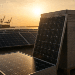 Stacks of solar panels at a West African port under golden sunlight, symbolising Africa’s solar import dependency.