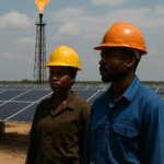 Two African workers stand between a gas flare site and a field of solar panels at sunset, symbolising Africa’s transition from fossil fuels to renewables.