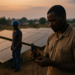 Two African technicians exmine solar panels at sunset in a rural field.