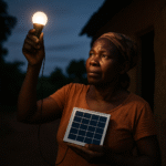 An African woman lights a bulb powered by a small solar panel at dusk outside her home.