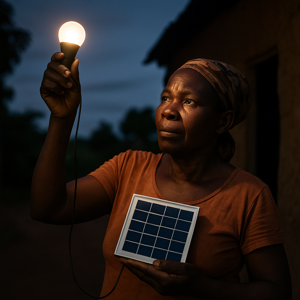 An African woman lights a bulb powered by a small solar panel at dusk outside her home.