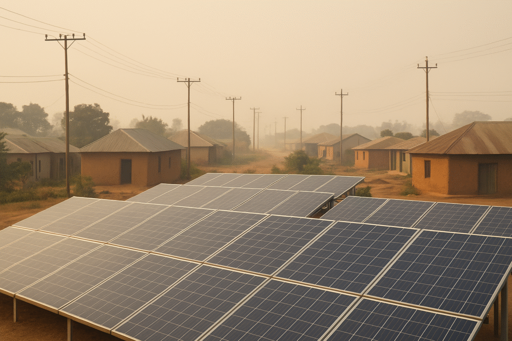 Solar mini-grid installation powering homes in Sub-Saharan Africa, highlighting the region’s clean-energy transition potential.