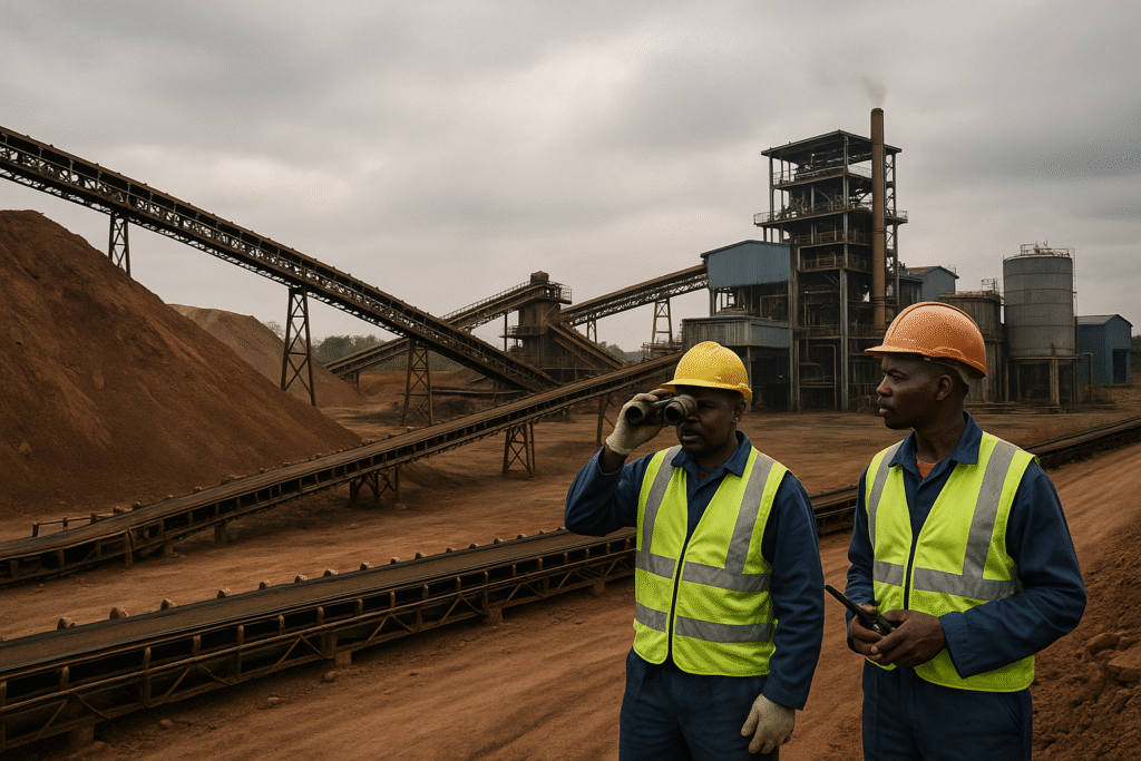 Two African mining engineers in safety helmets and vests inspect conveyor systems at a mineral processing facility, symbolising the continent’s shift from extraction to industrialisation.