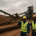 Two African mining engineers in safety helmets and vests inspect conveyor systems at a mineral processing facility, symbolising the continent’s shift from extraction to industrialisation.