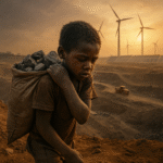 African child carrying sack of ore in foreground, with wind turbines and solar panels in background under sunrise.