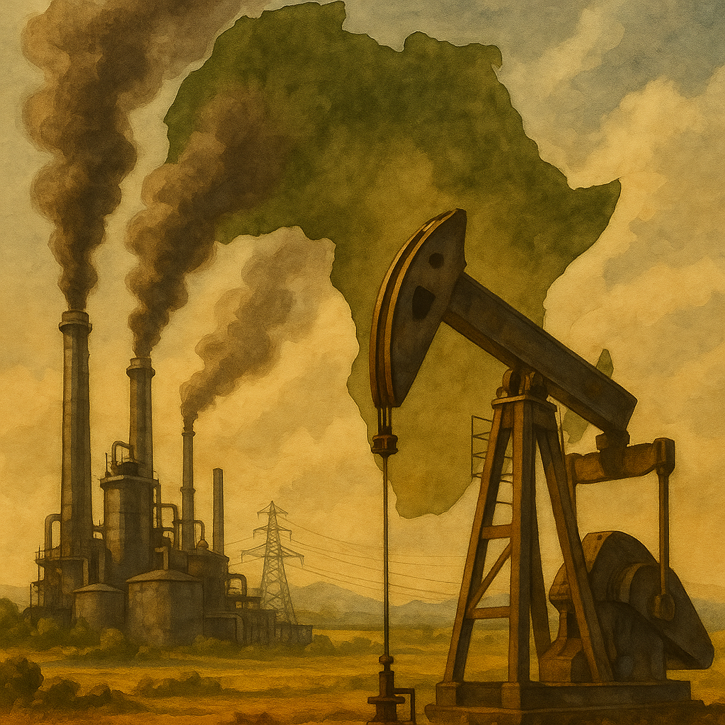 African landscape with refineries fading into solar and wind farms under evening light, symbolising the continent’s energy transition.