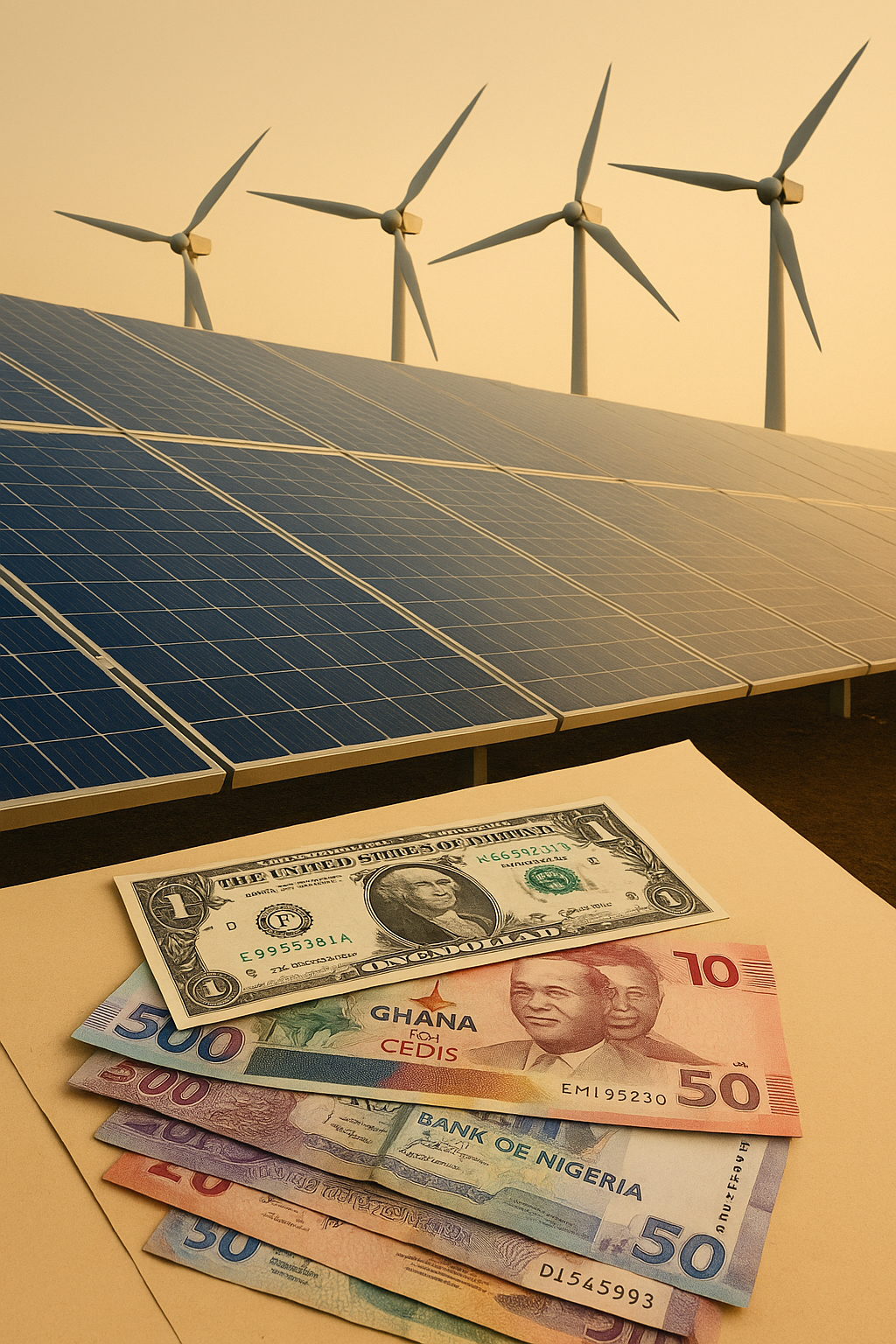 Solar panels and transmission towers in Africa at sunset, symbolising the role of foreign finance in powering the continent’s clean energy future.