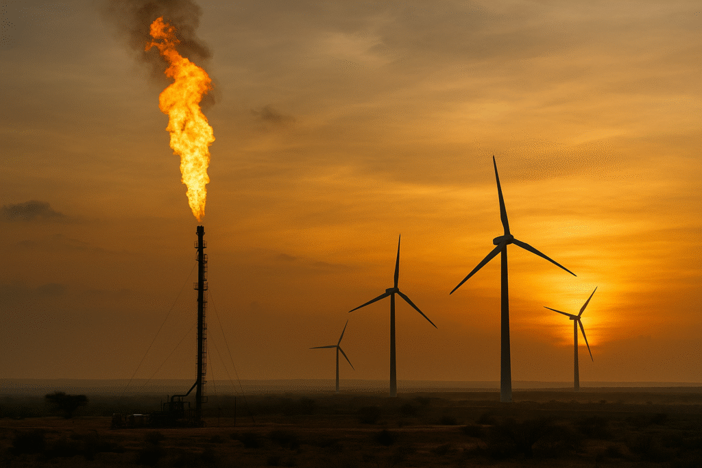 Gas flare and wind turbines at sunset in Africa, symbolising the tension between fossil fuel expansion and renewable transition.